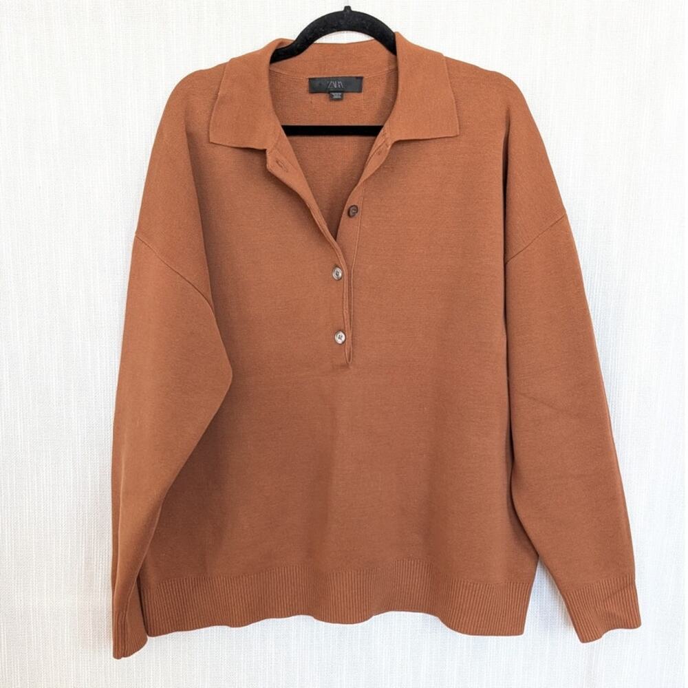 Zara 2893/017/778 Plain Knit Oversized Polo Sweater Womens M-L Brown Cognac - Picture 2 of 9